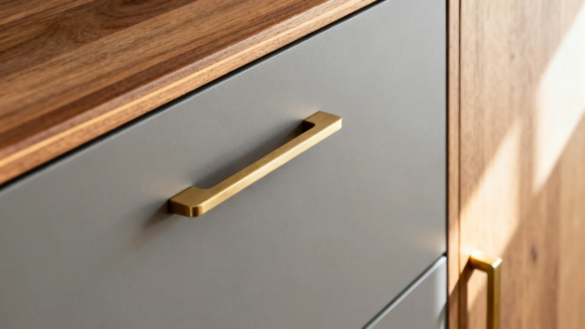 Close up of matte gray drawer with gold handle next to natural wood cabinet finish design