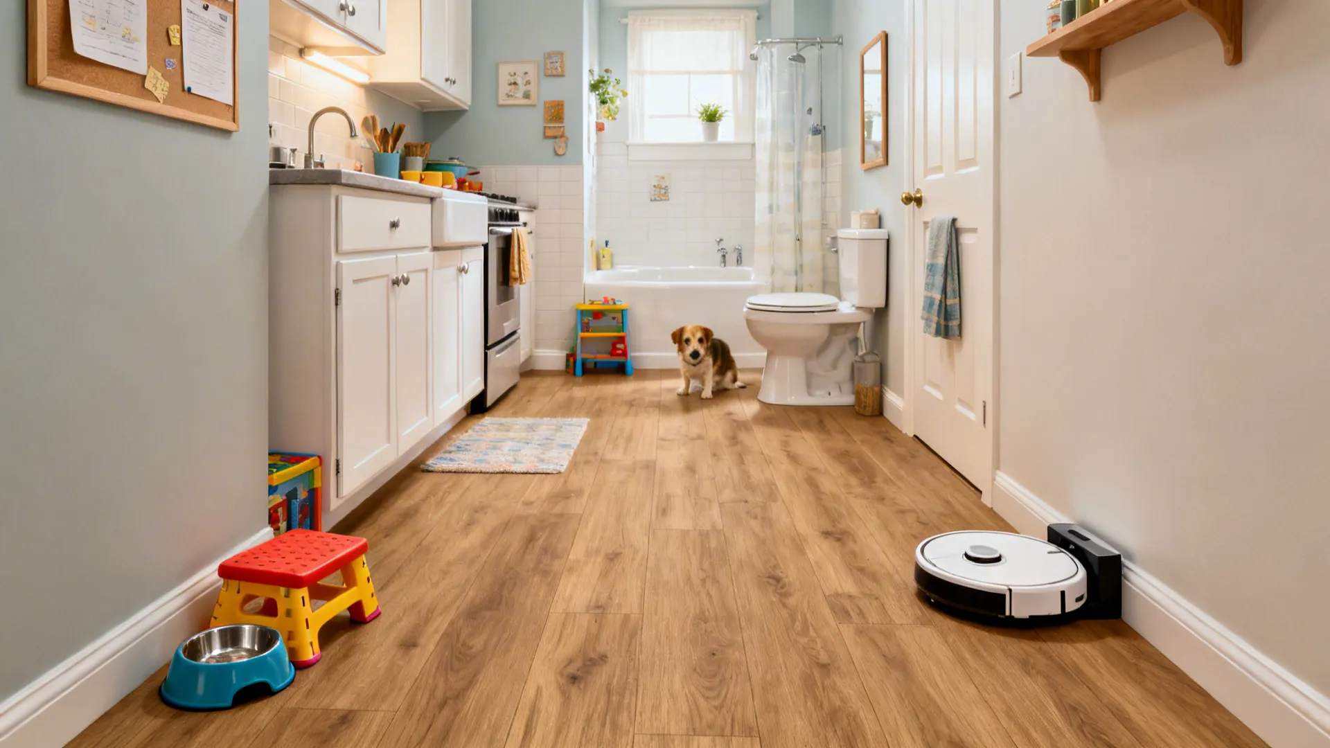 Family-ready corridor and kitchen with matte waterproof oak vinyl floors.
