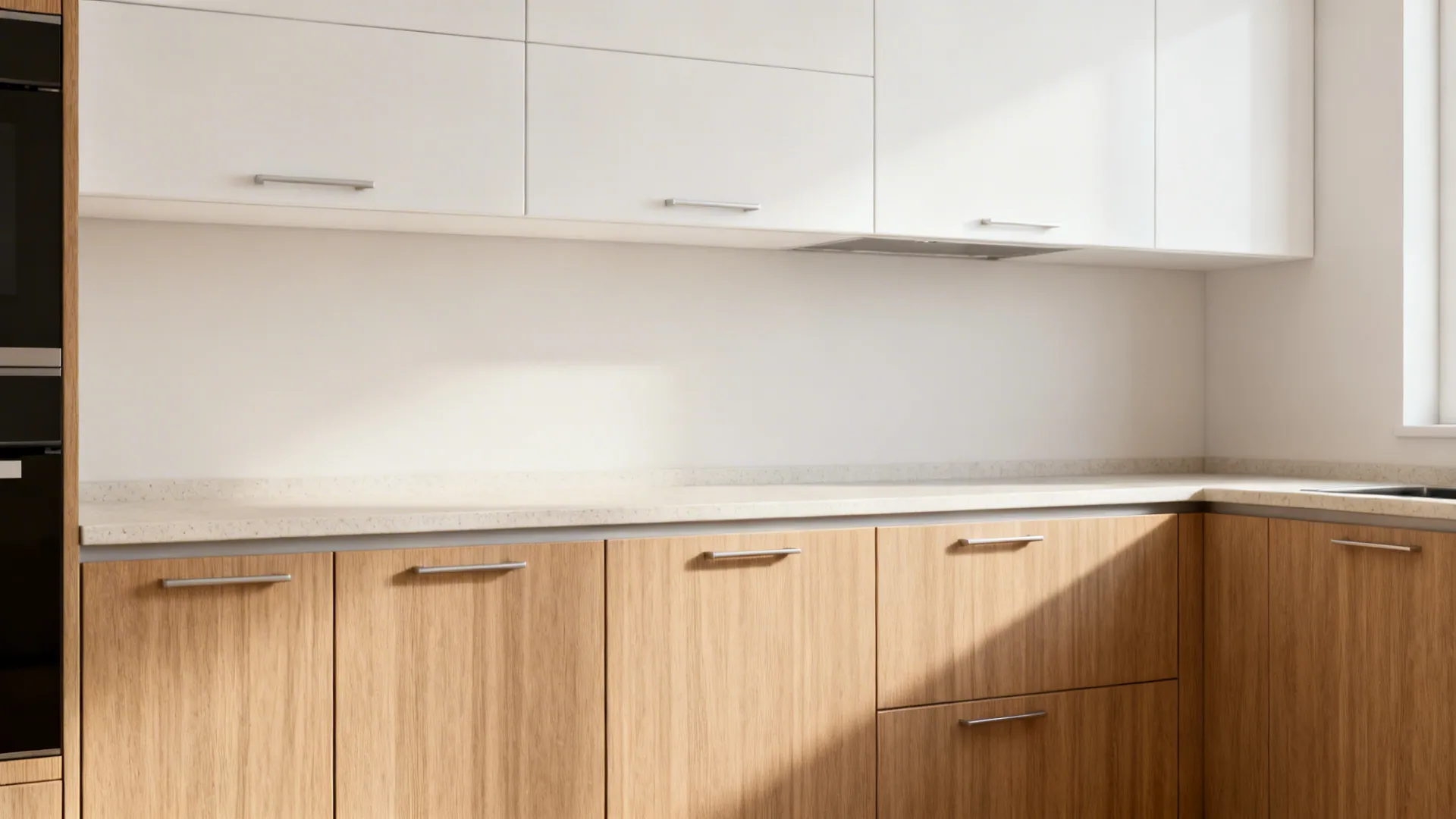 Matte oak-look lower cabinets with soft white uppers and light quartz in a small kitchen.