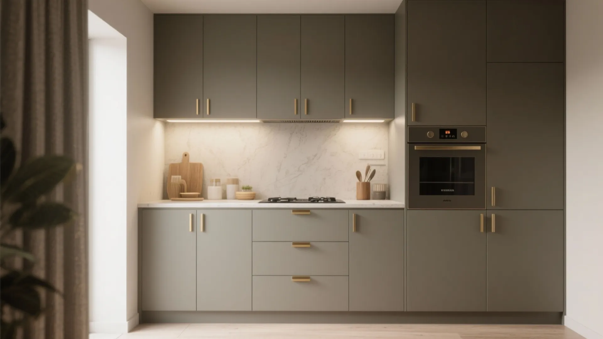 Minimalist grey kitchen cabinets with gold handles white stone backsplash stove and built in black oven