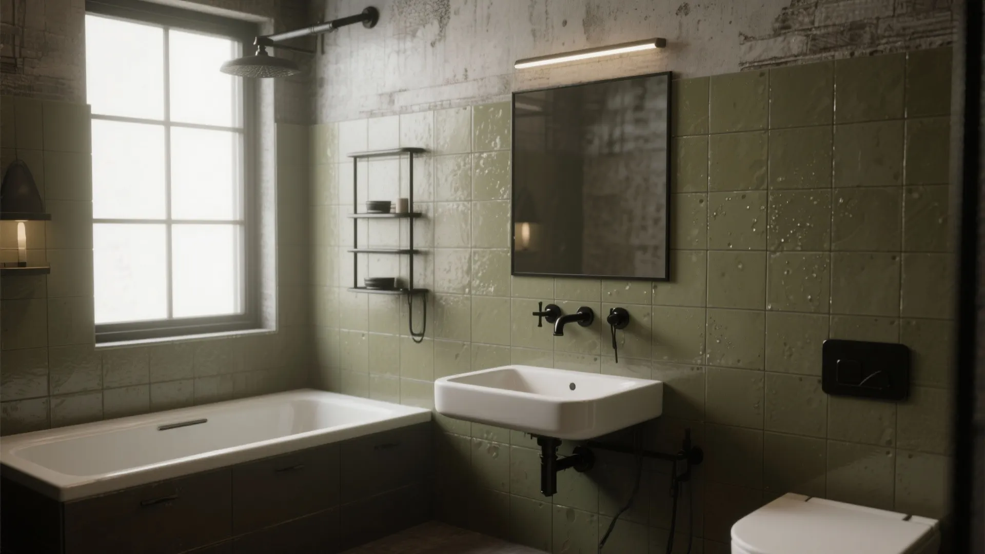 5. Matte Olive Tiles with Black Fixtures