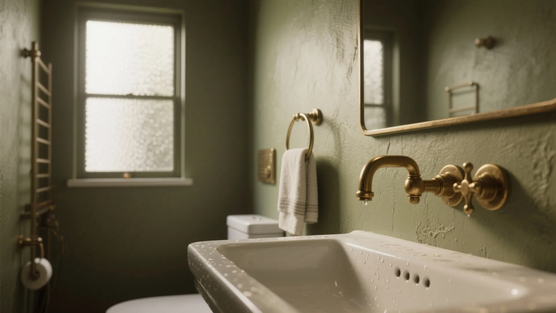 Close up of white bathroom sink with gold faucet against green walls and gold mirror