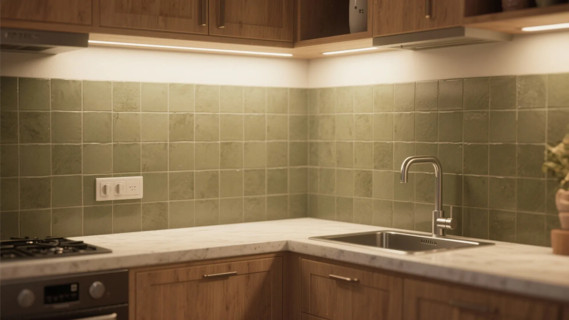 Small kitchen corner with matte olive tile backsplash and warm wood cabinets