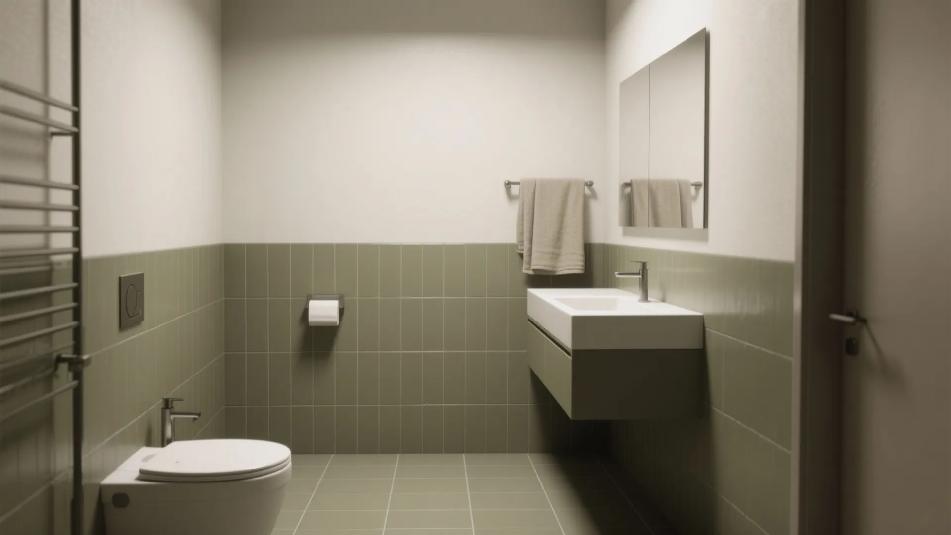 4. Matte olive large-format tiles to reduce visual clutter