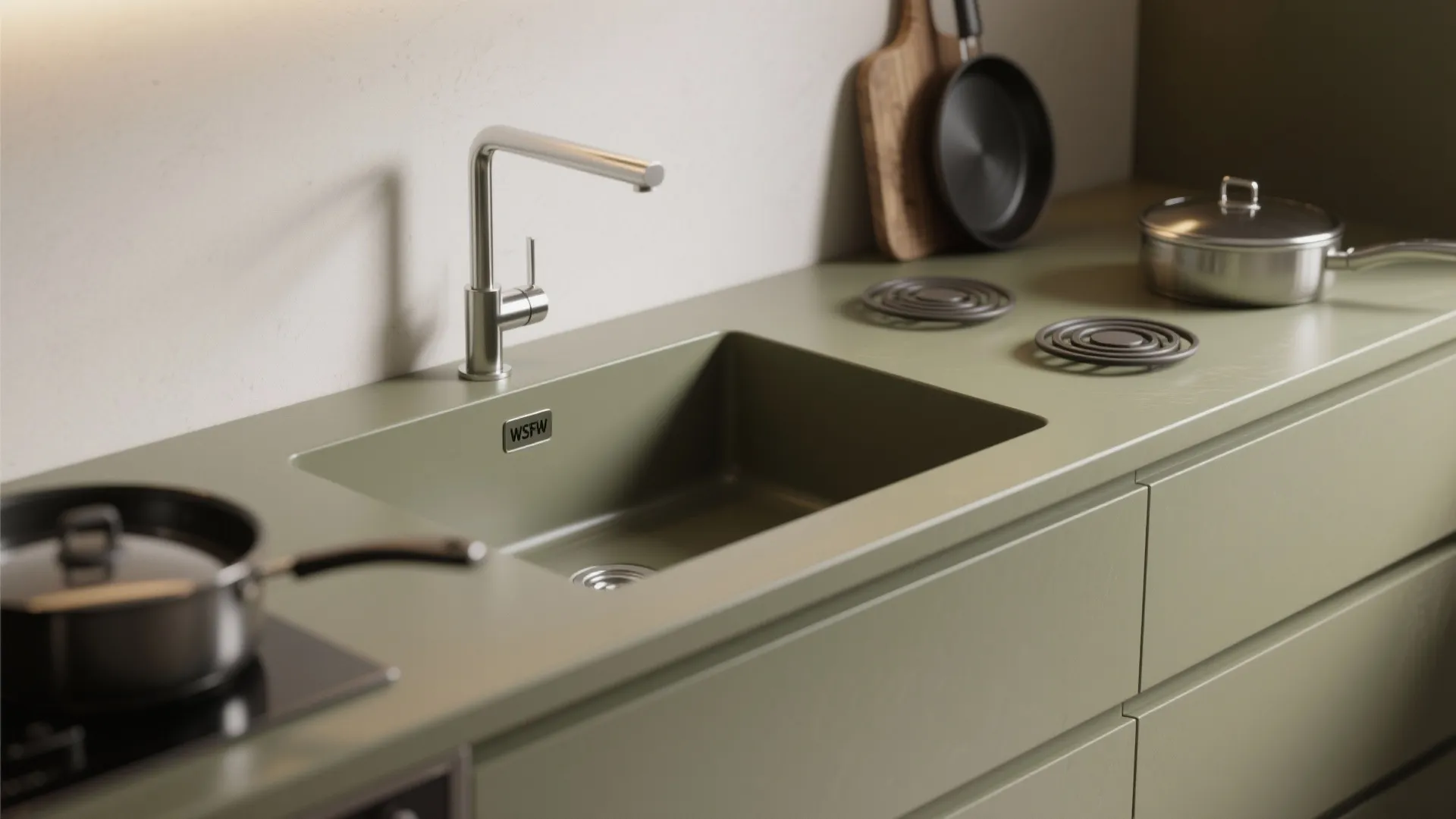Matte olive green kitchen counter with integrated sink silver water tap and stainless steel cooking pans