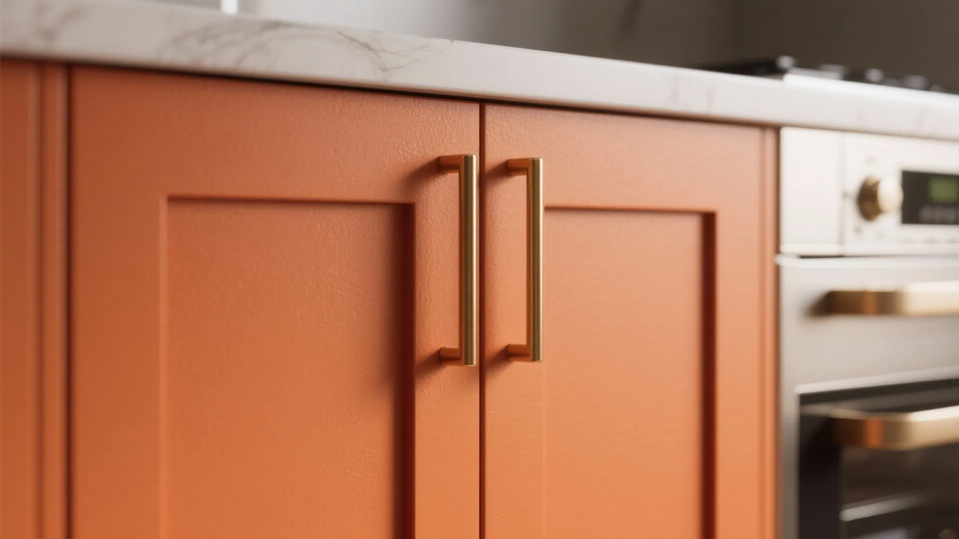 2. Matte Orange Cabinets with Brass Hardware