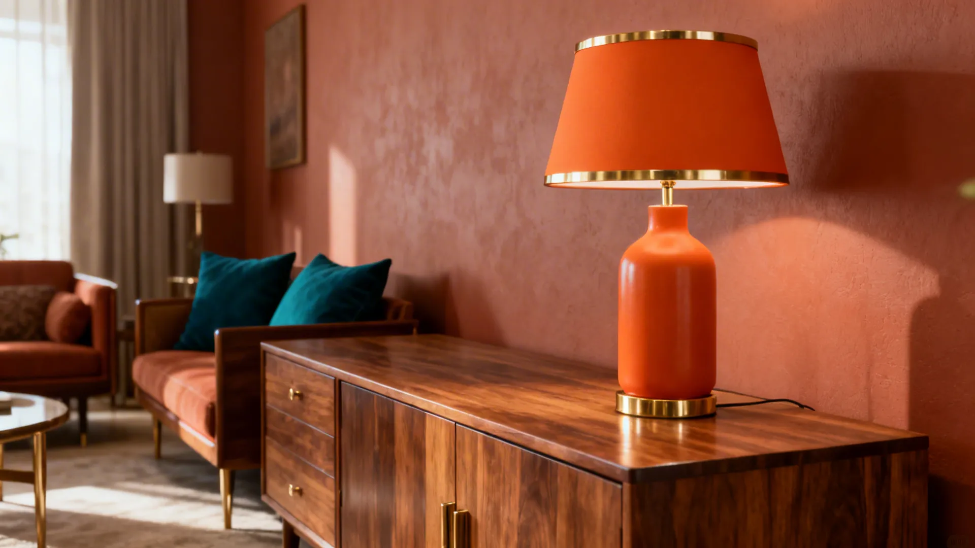 Mid-century living room vignette with a matte orange lamp with brass trim on a teak sideboard.