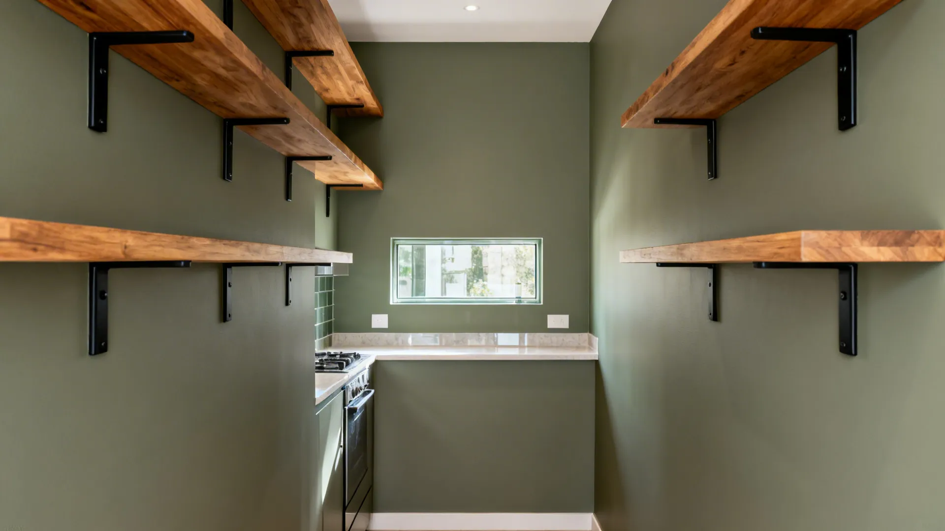 Small galley kitchen with olive green walls wooden floating wall shelves and a small window