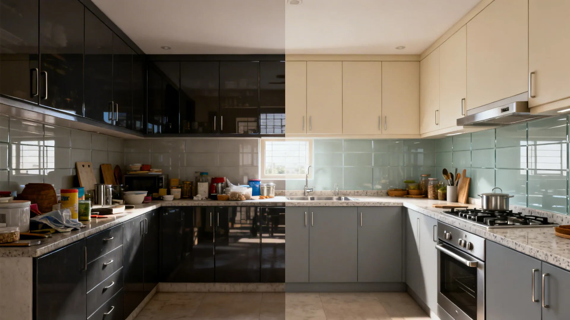 Before-and-after of a small kitchen from glossy, cluttered surfaces to light matte cabinetry with satin glass.