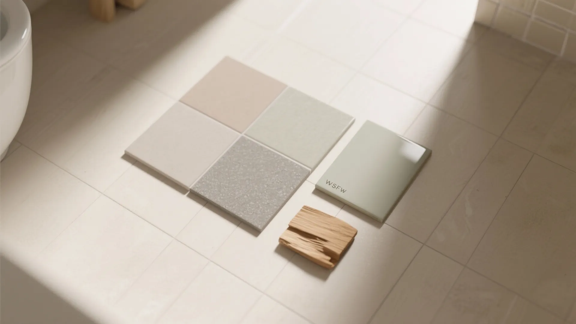 Top-down flatlay of matte tiles and warm neutral palette for glare control in a small bathroom.