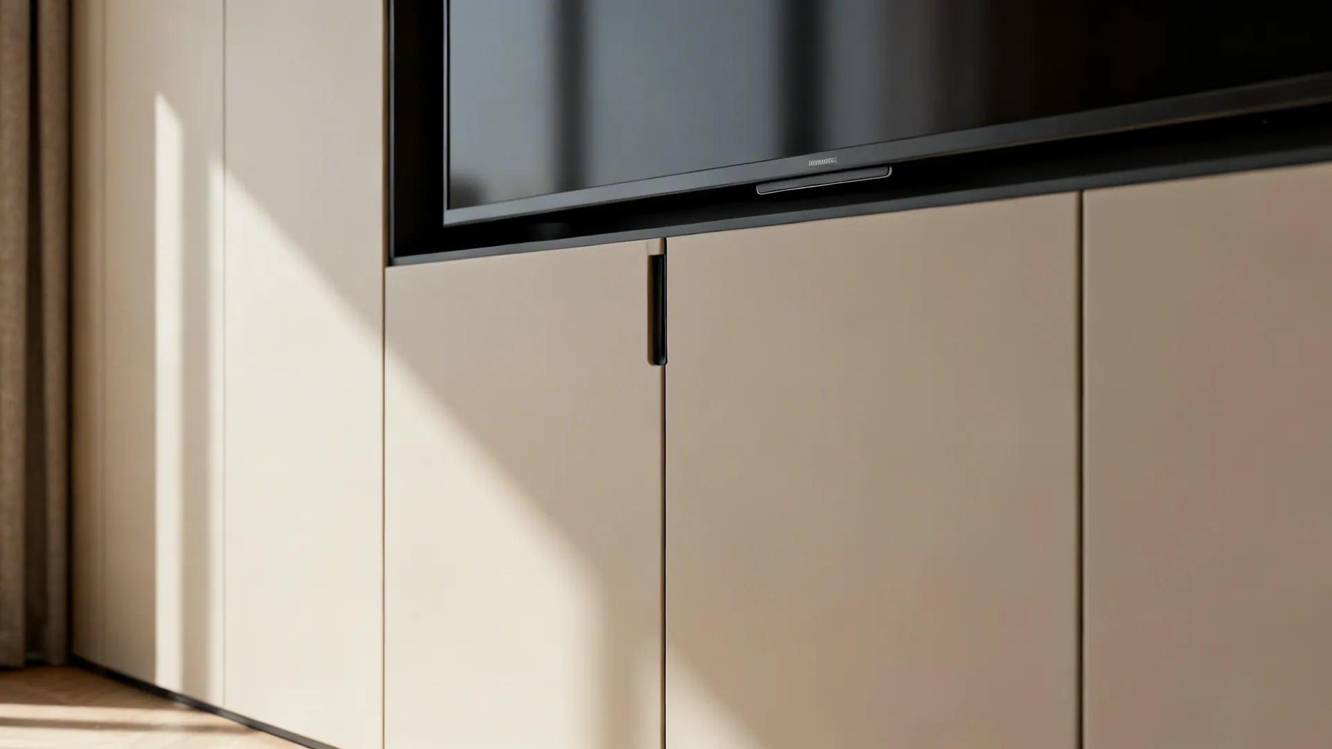 Macro of matte-lacquer cabinet door with tight reveal and push-to-open detail.