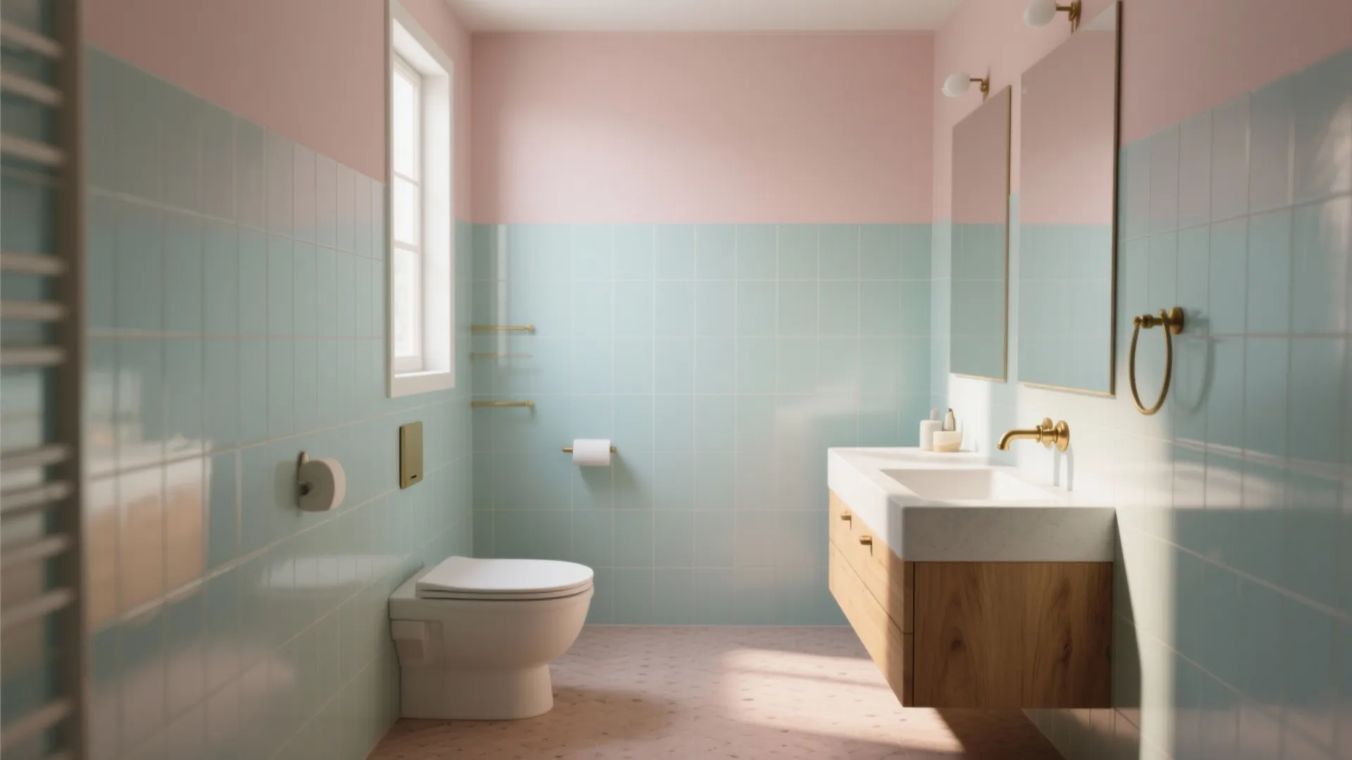 Modern bathroom featuring matte pastel pink walls blue tiles wooden cabinet white sink and toilet