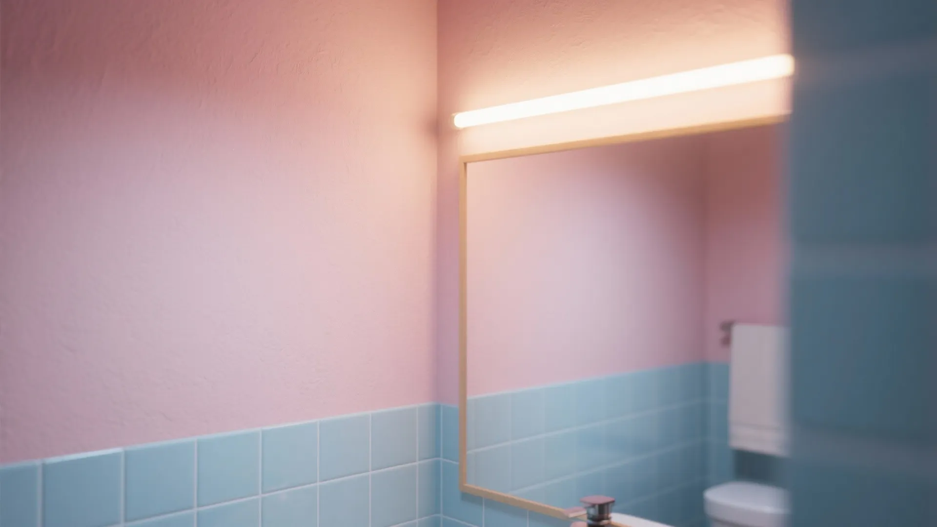 Pink wall and blue tiles in a bathroom with a wall mirror and light fixture