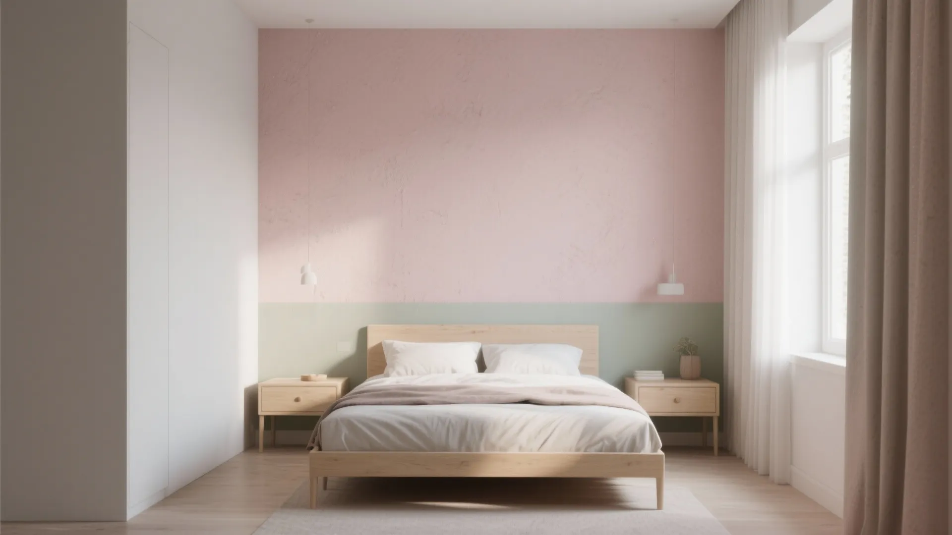Minimalist bedroom with pink and green wall wooden bed two nightstands and large bright window