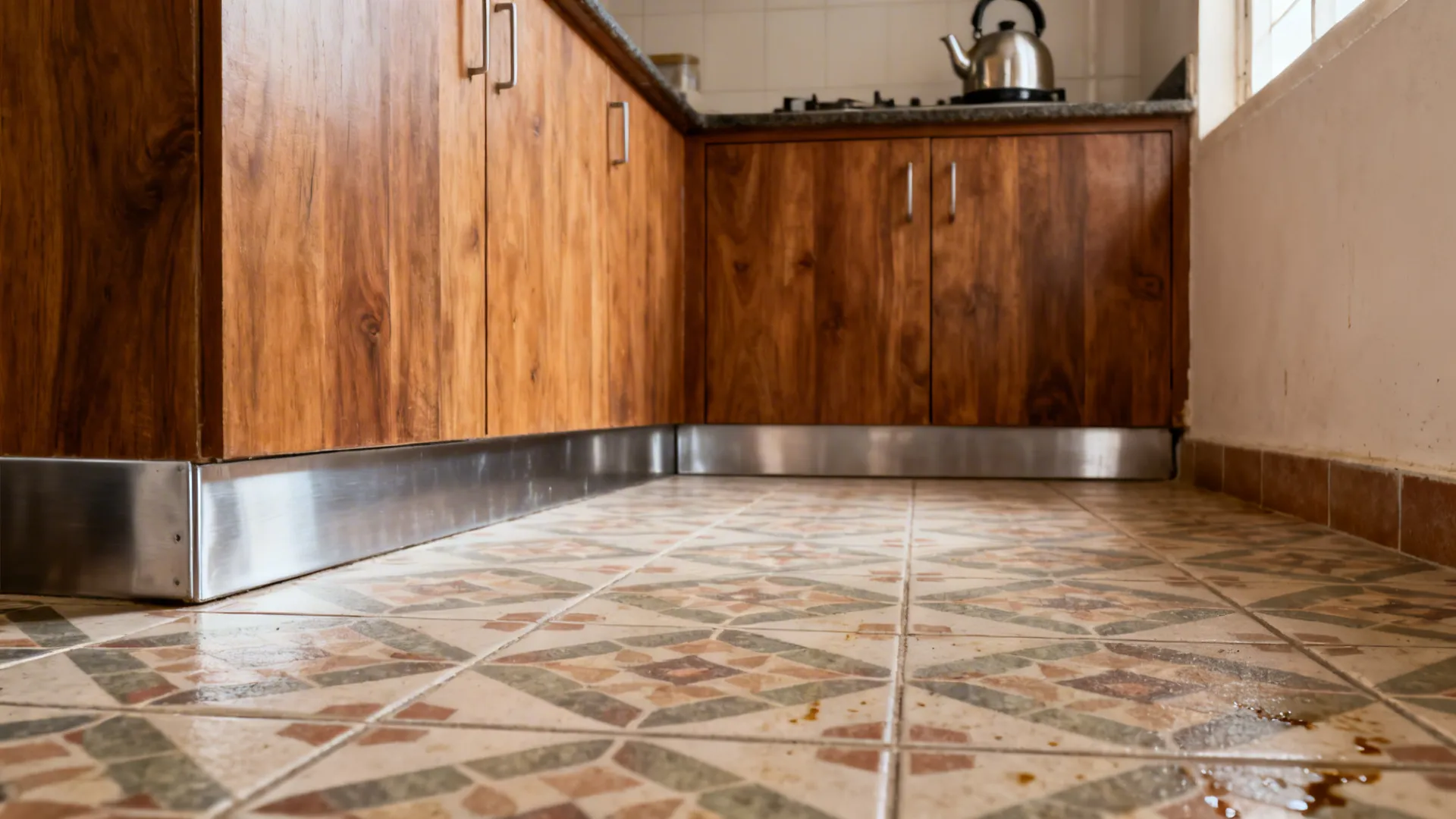 Matte patterned porcelain floor tiles in a compact Indian kitchen with tight grout lines.
