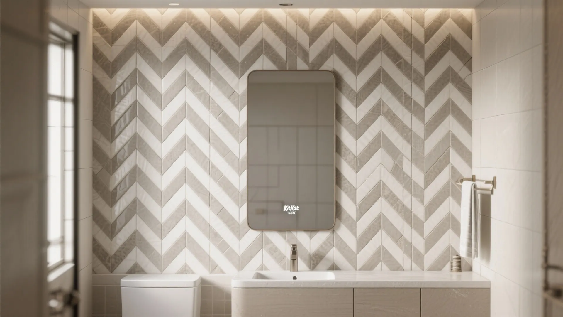 Modern bathroom featuring a grey chevron patterned wall rectangular mirror white sink and wooden cabinet