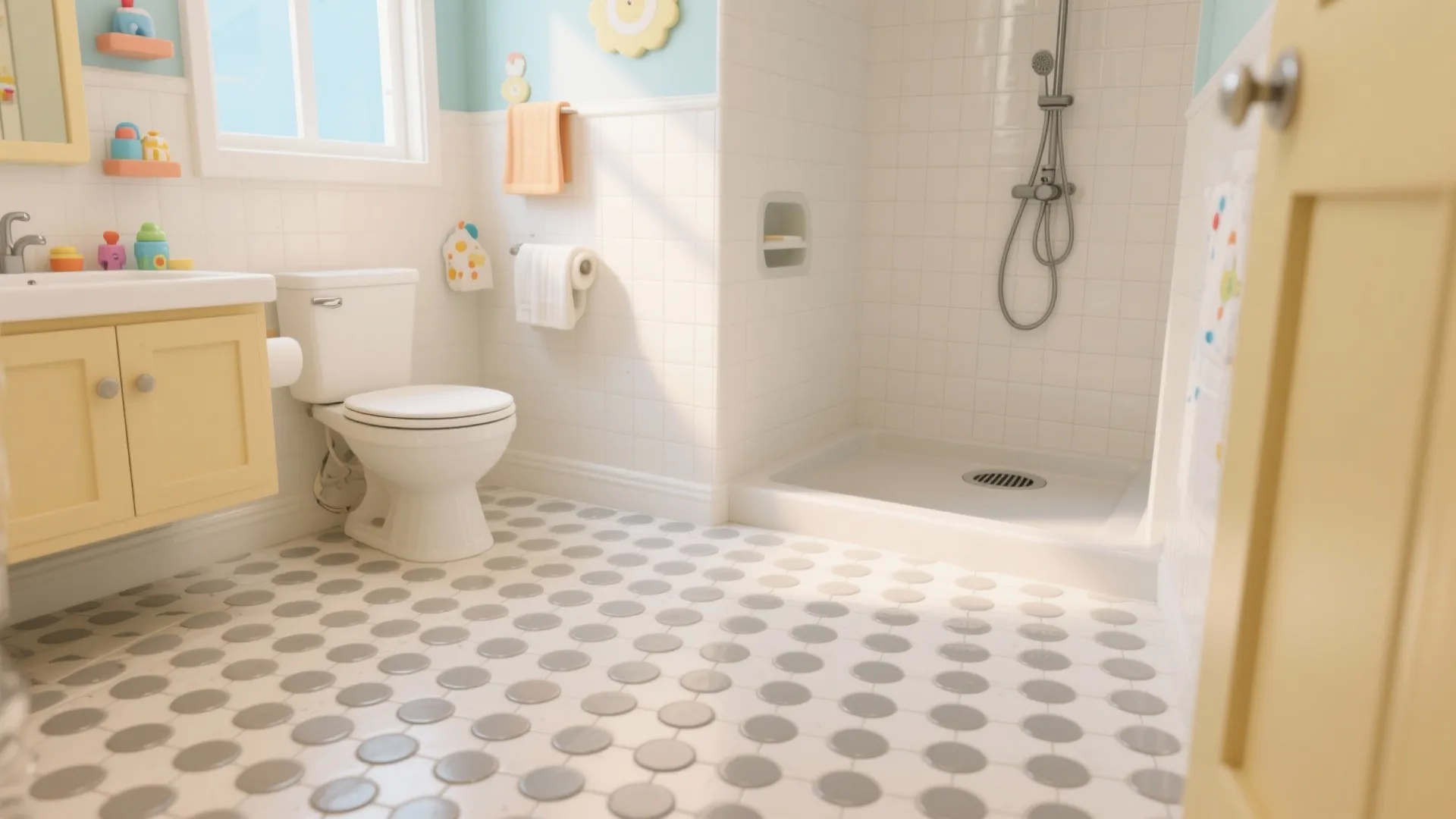 Matte circular tiles on the floor for slip control