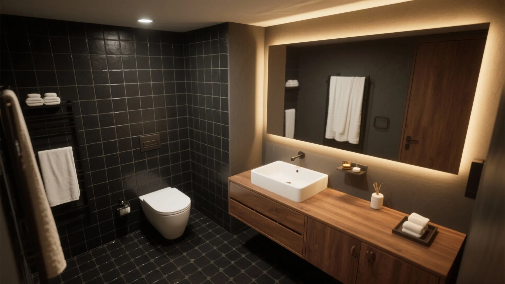 Spa-like bathroom with matte black penny tile floor and warm wood accents