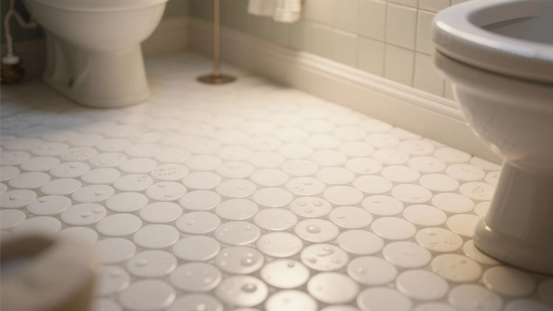Close up of matte white round floor tiles in a bathroom with a white toilet