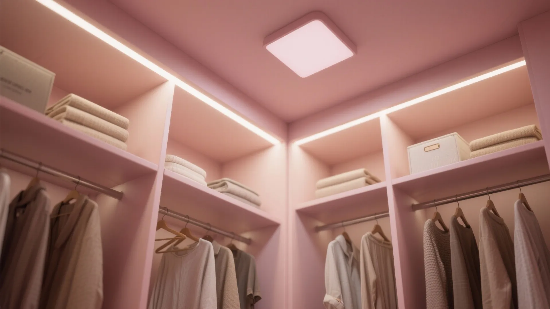 Modern walk-in closet with pink shelves, hanging clothes, built-in light strips, and square ceiling light