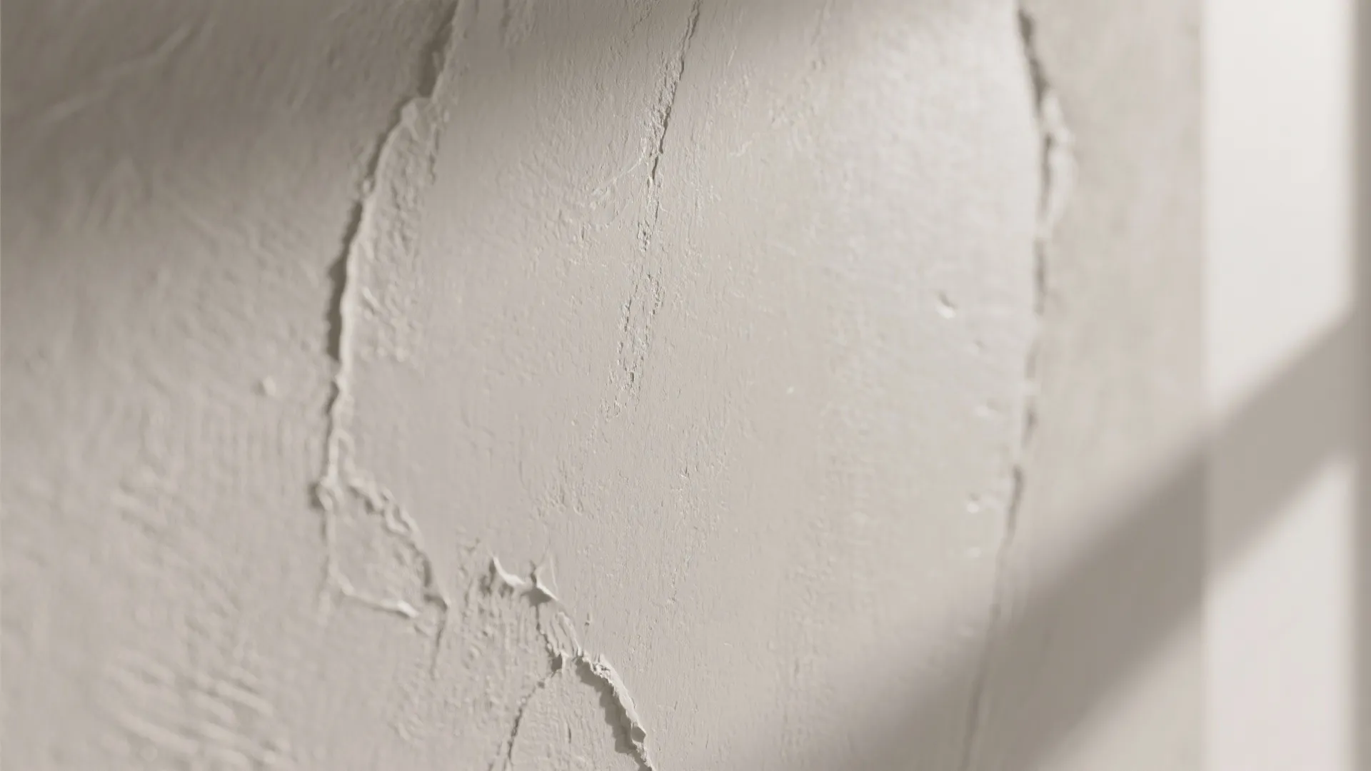 Close-up of white textured wall with layered plaster finish and soft shadows from a window