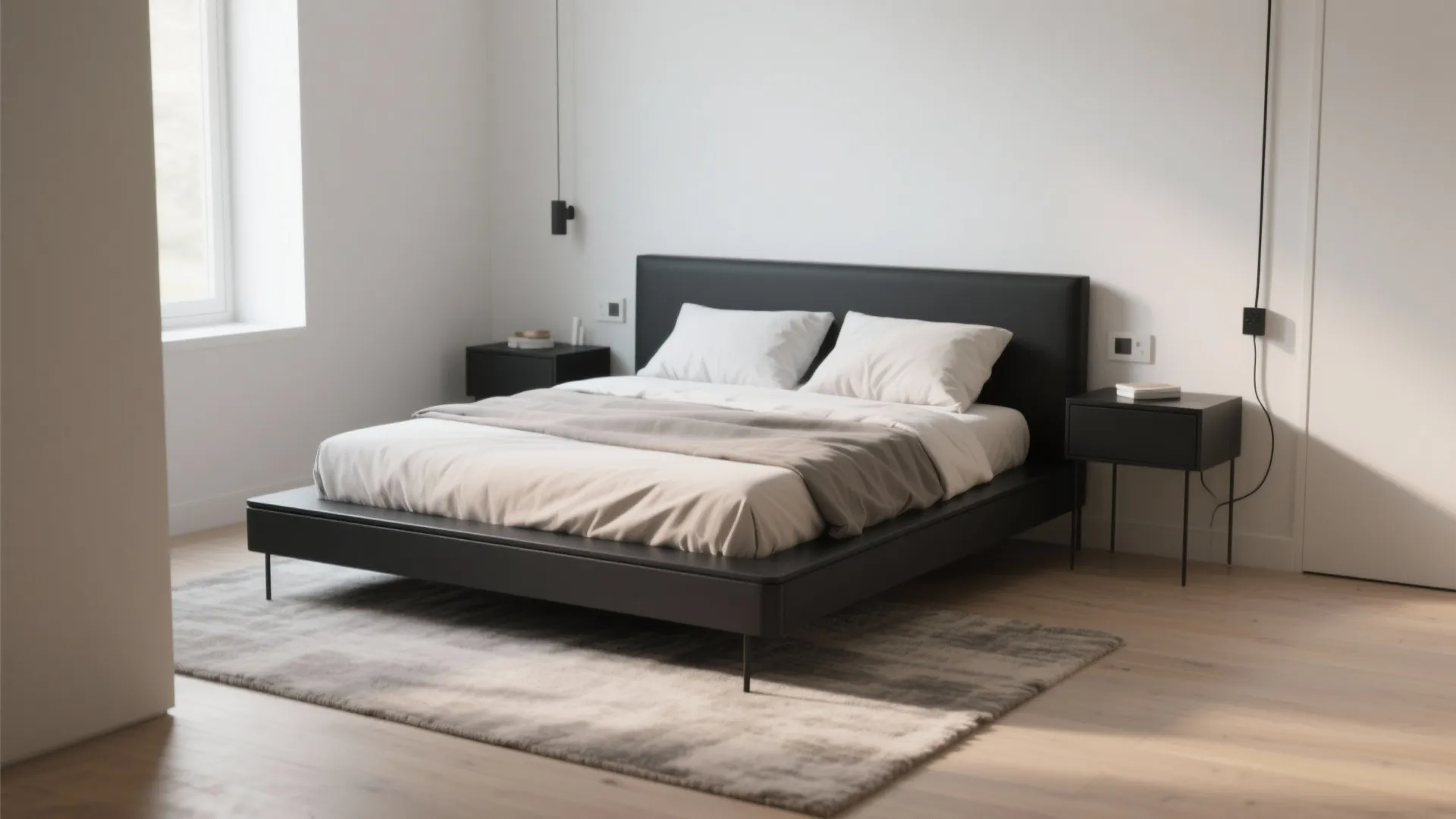 1. Matte black platform bed with floating nightstands