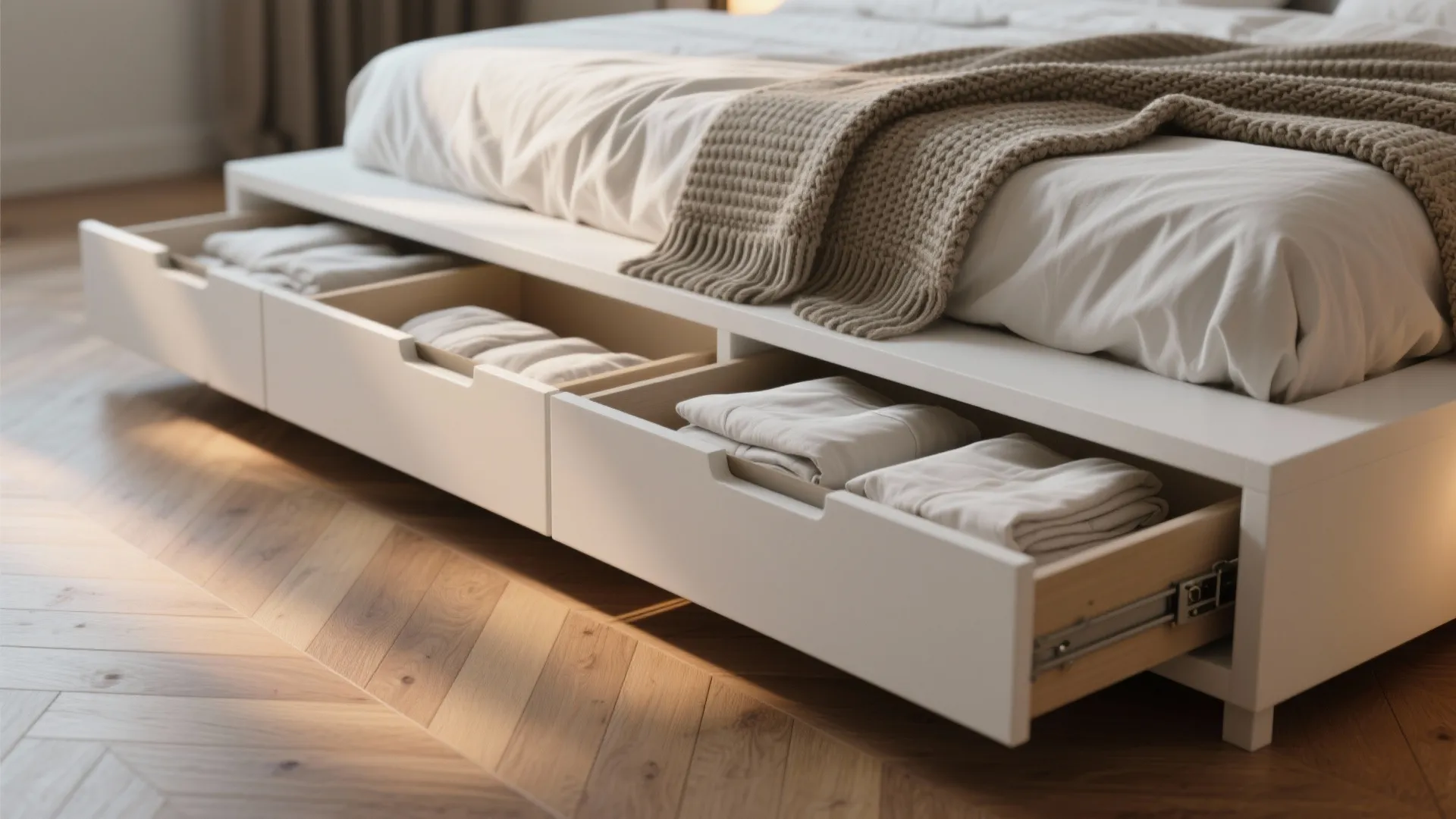 1. Matte white platform bed with hidden storage