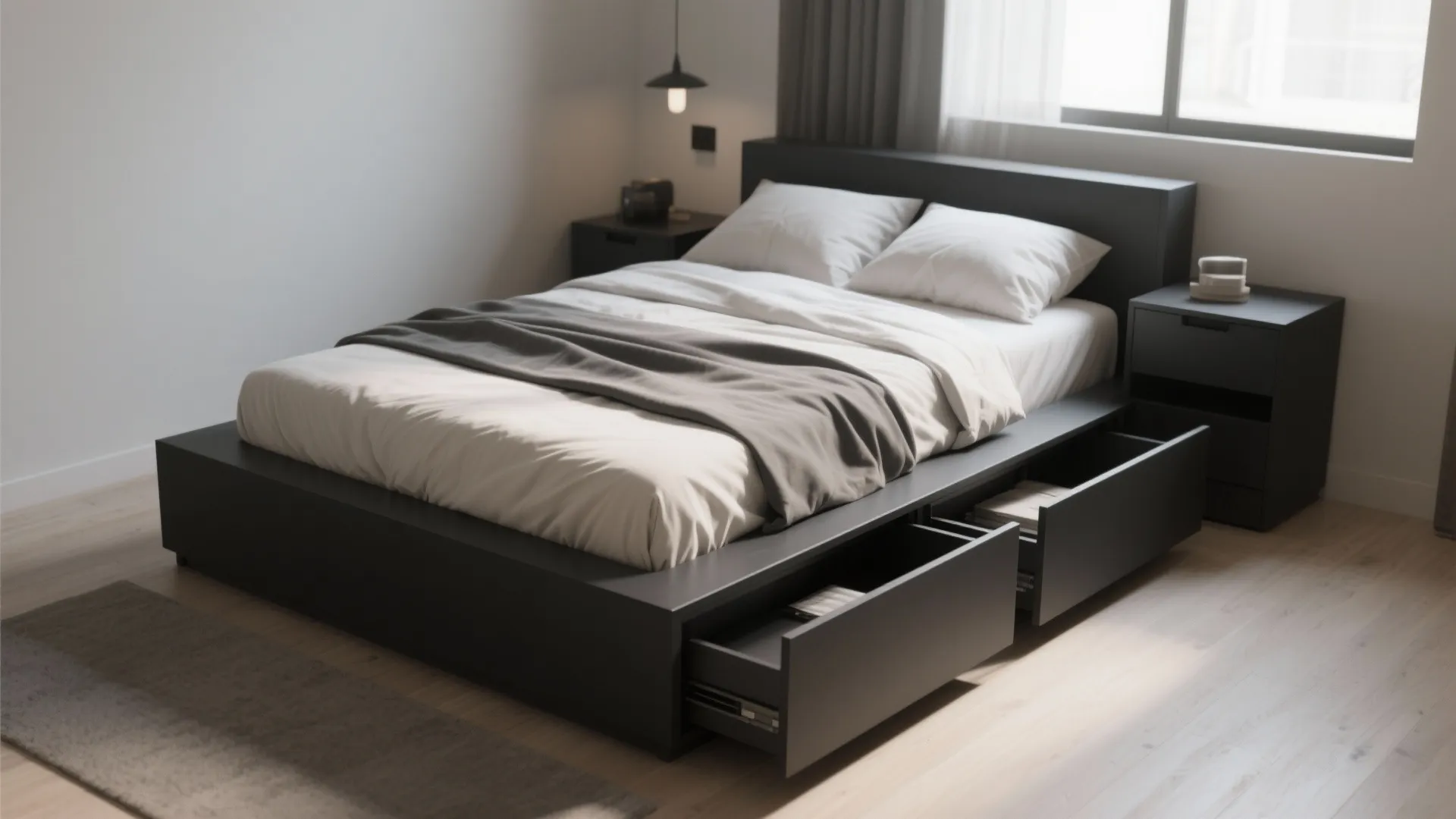1. Matte black minimal platform bed with integrated storage