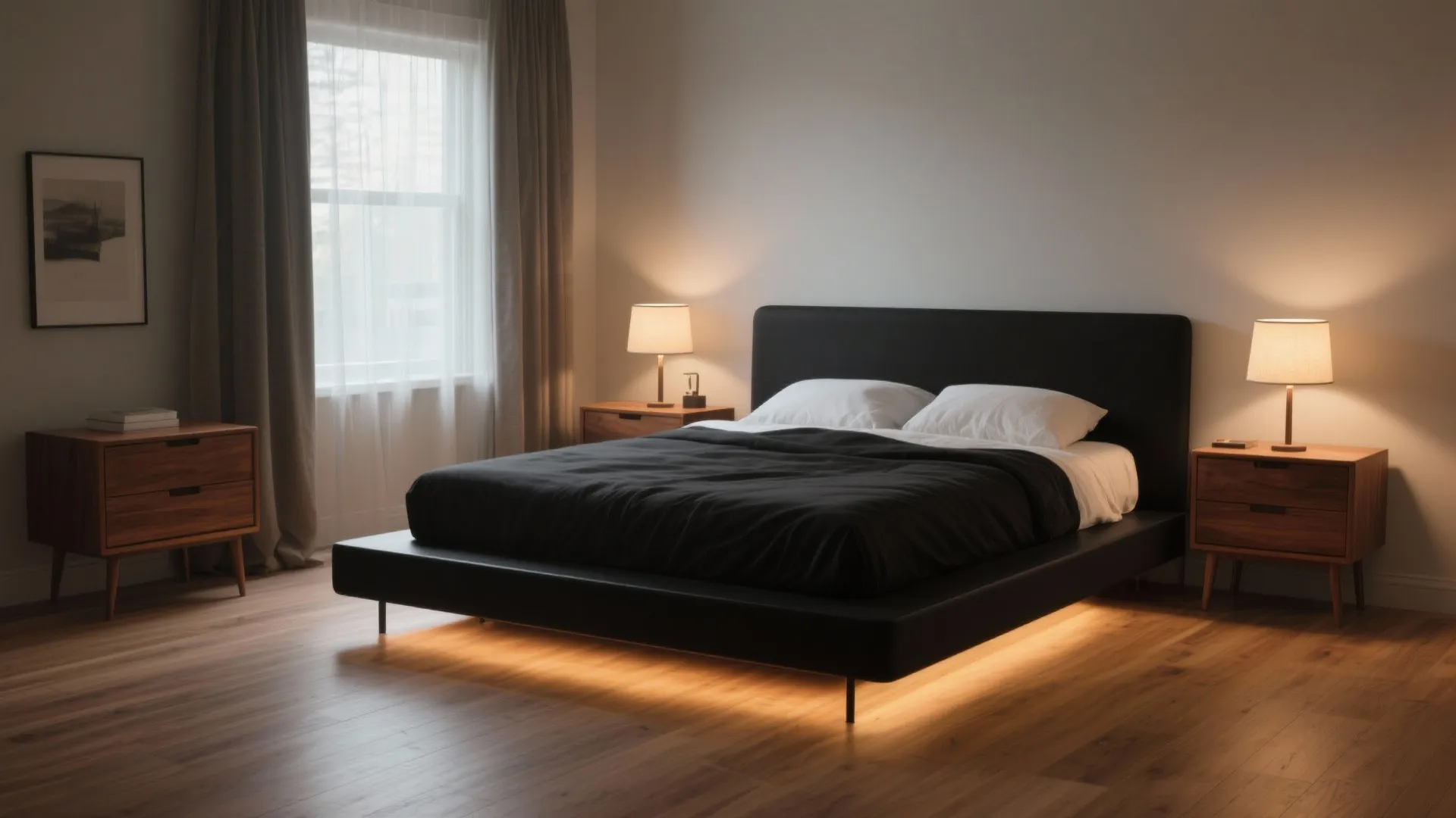 1. Matte black platform bed with warm wood accents