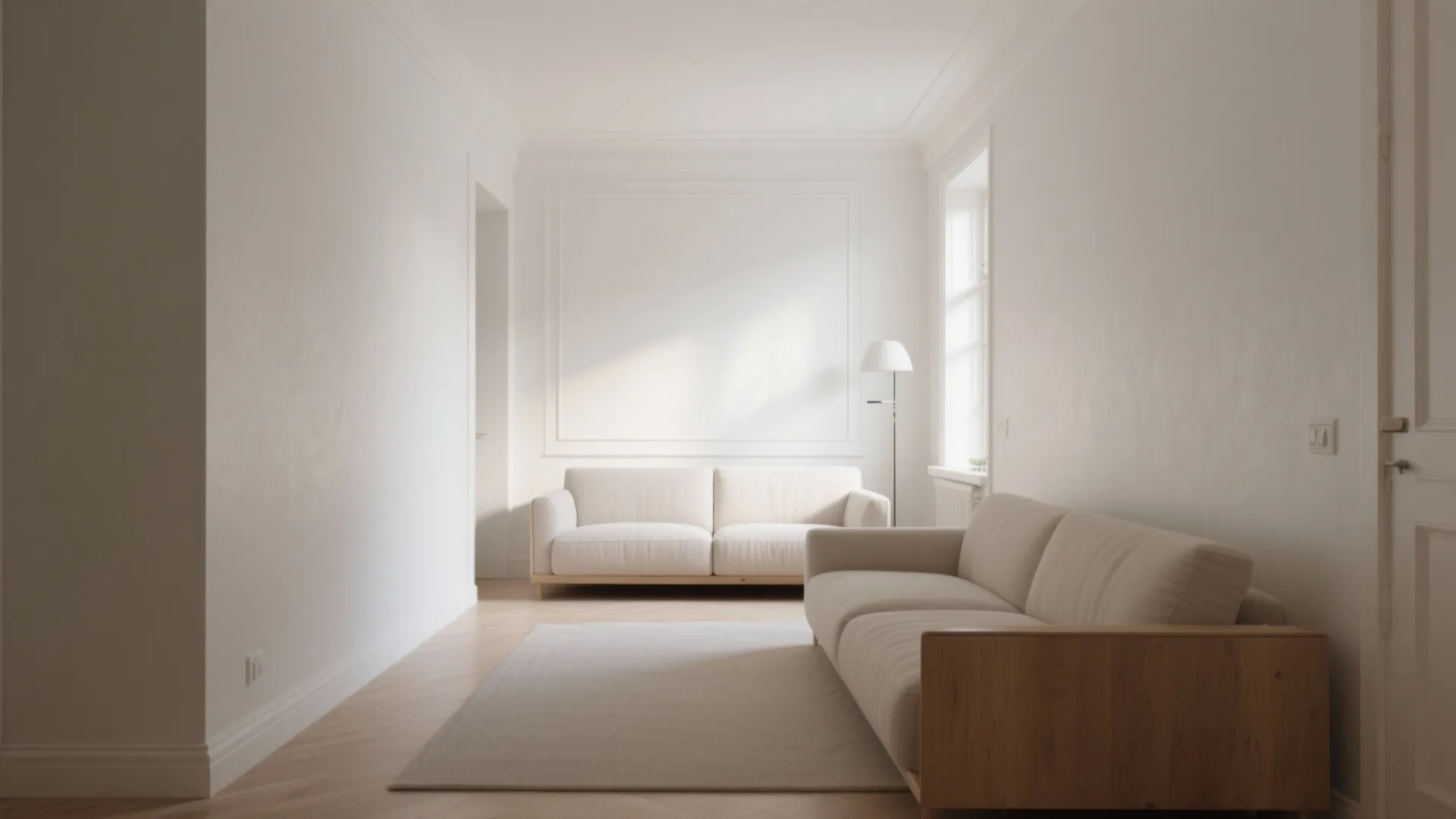 Minimalist living room with two beige sofas white wall panel floor lamp and soft rug