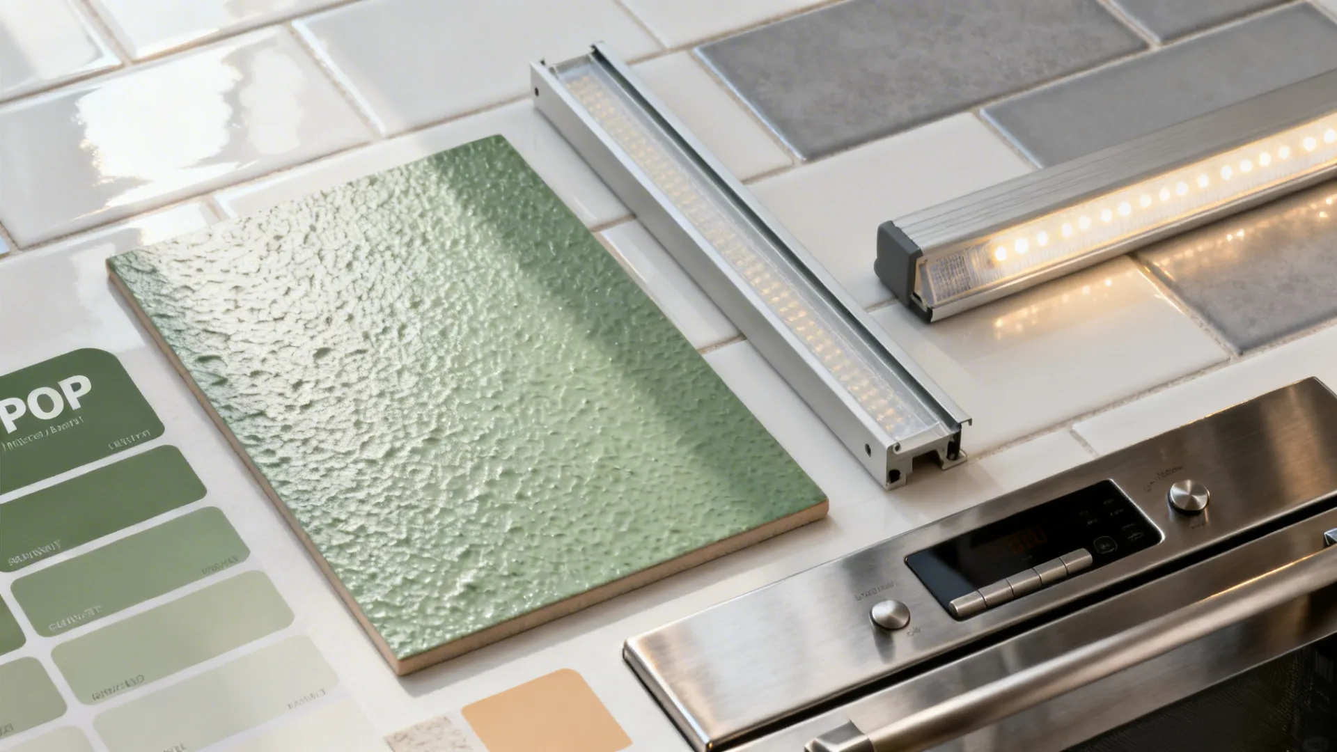 Flat lay of micro-textured POP paint, matte backsplash tiles, and aluminum LED channel illustrating glare-controlled finishes.
