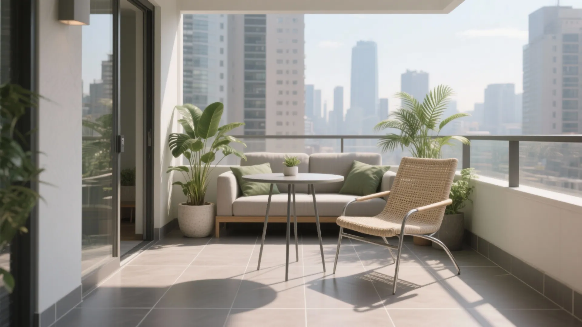 Modern balcony with grey sofa and small round table and woven chair with city view