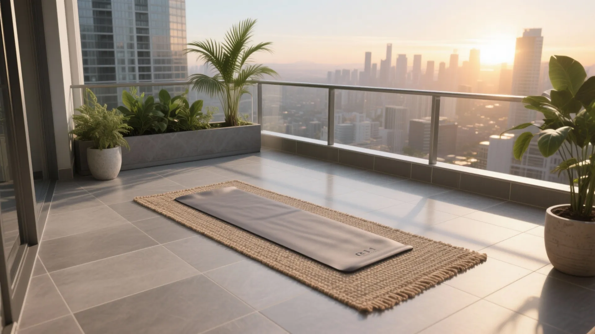 Modern balcony with grey floor tiles a yoga mat green plants and sunset city view