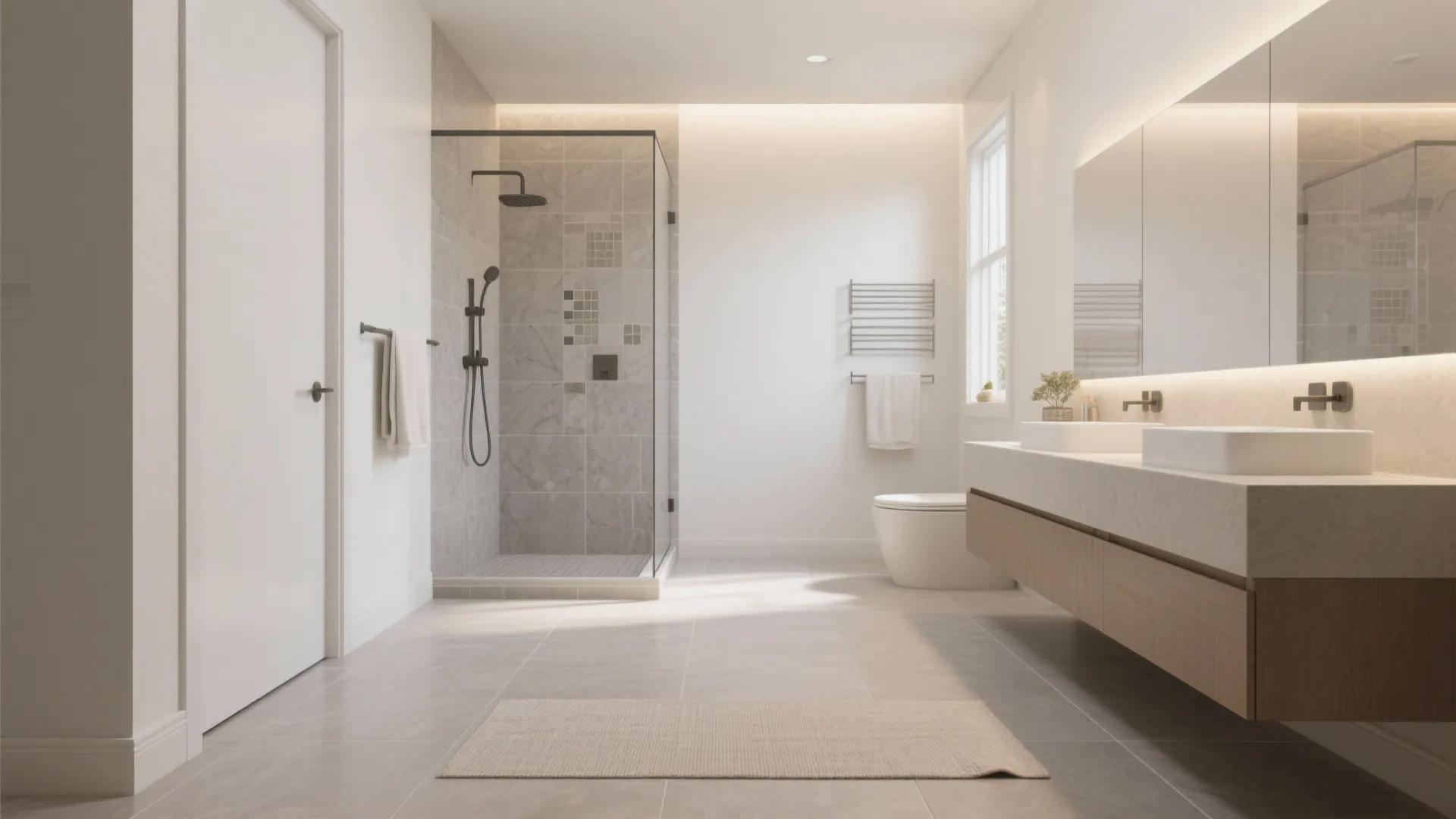 Bright bathroom interior design drawing with glass shower and double sink wood cabinet and mirror