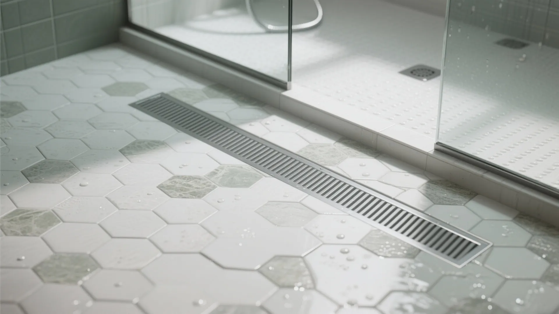 Matte porcelain hex tile shower floor with mid-gray grout and linear drain for traction.