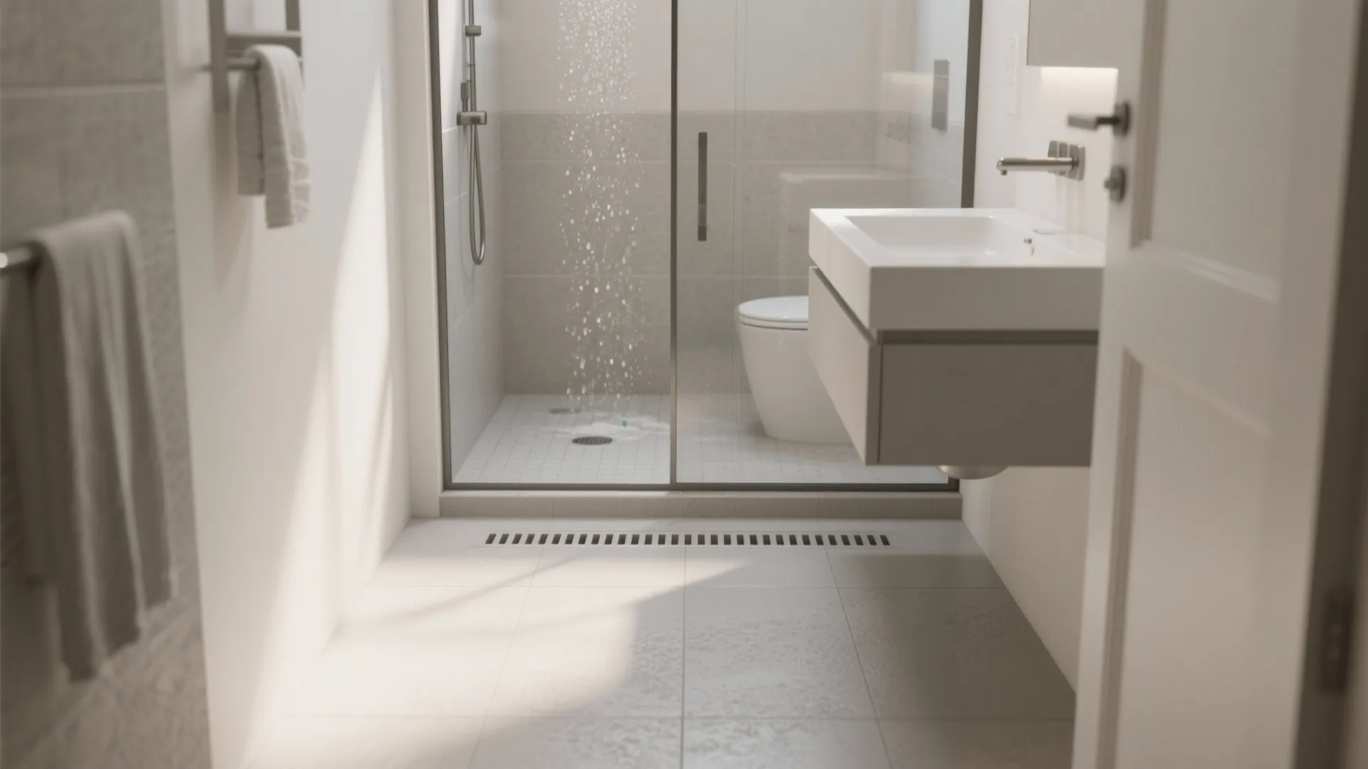 Clean white bathroom showing floating sink toilet glass shower door with floor drain and towels