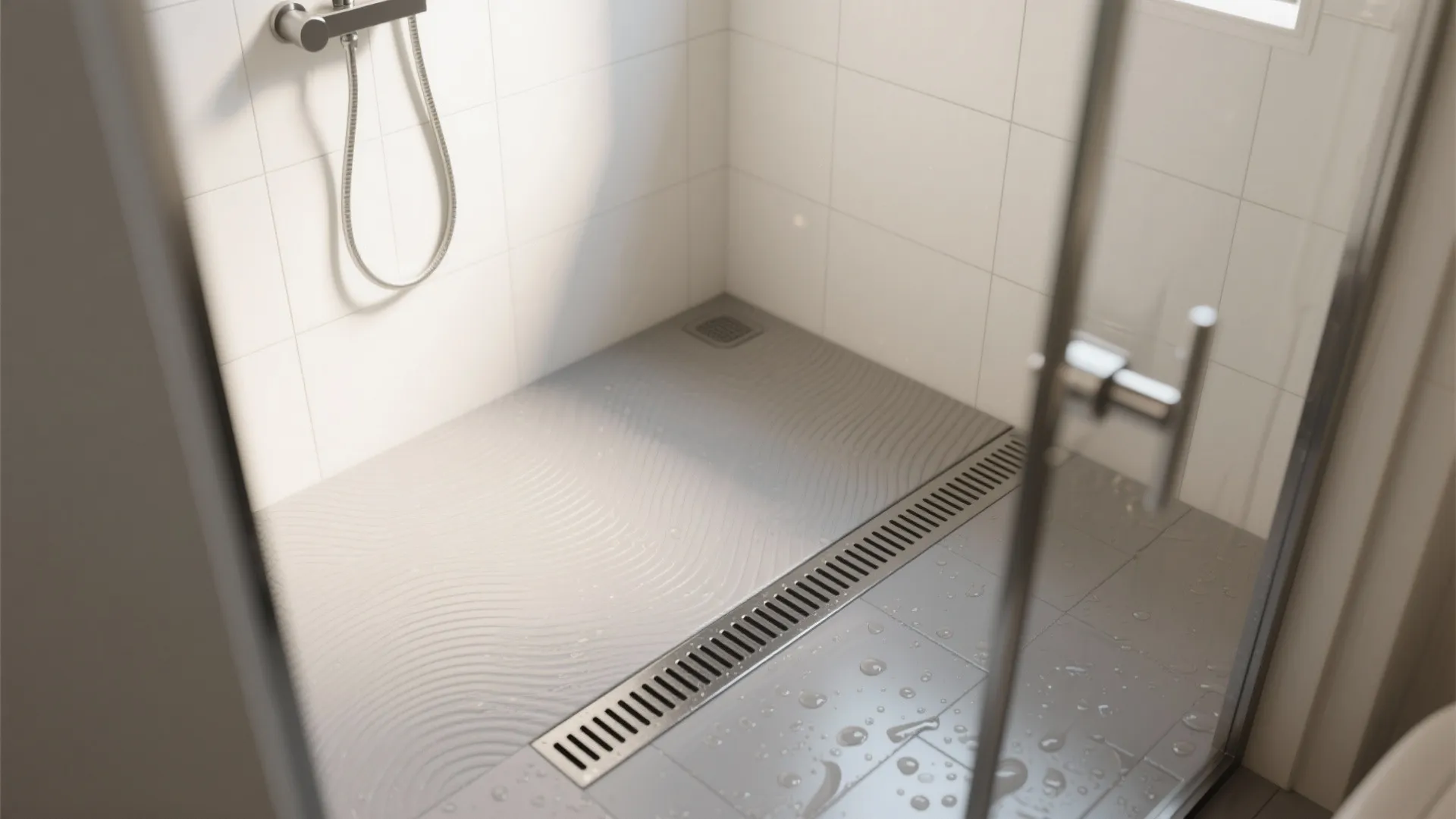 Modern bathroom shower area with grey textured floor tiles white wall tiles and metal drain
