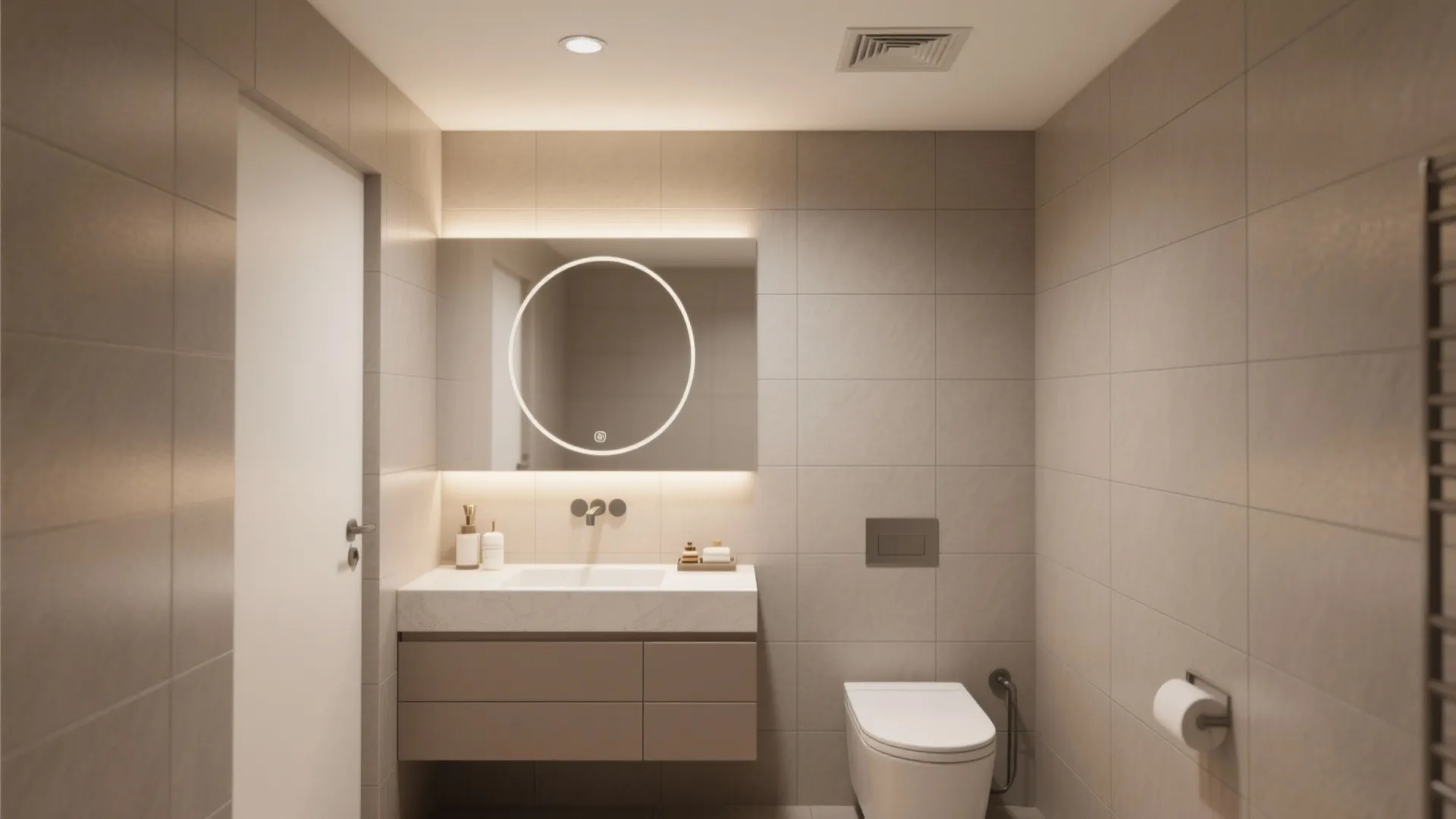 Small bathroom wall with matte greige 12x24 porcelain tiles, horizontal stack, minimal grout and soft daylight for a calm modern feel.