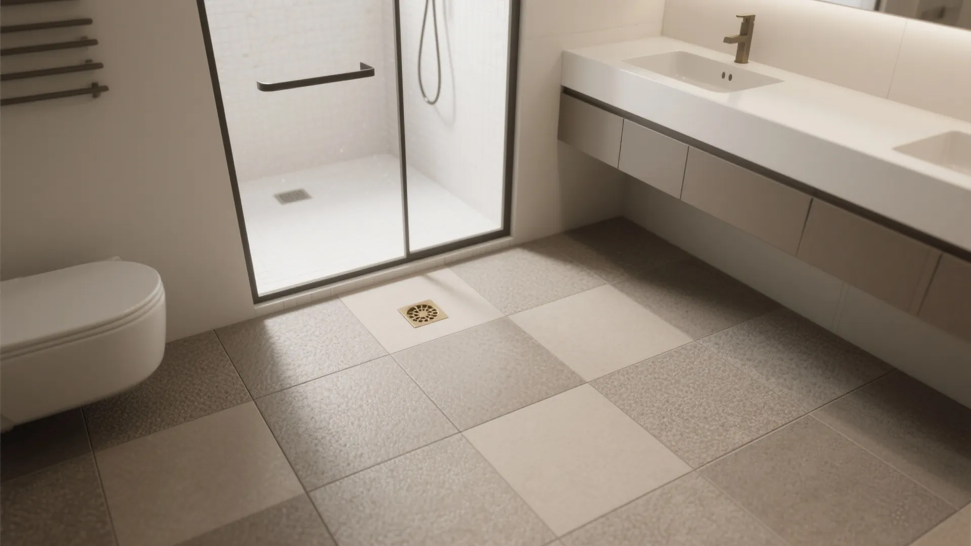 Modern bathroom featuring beige porcelain floor tiles with a walk-in shower and a floating cabinet