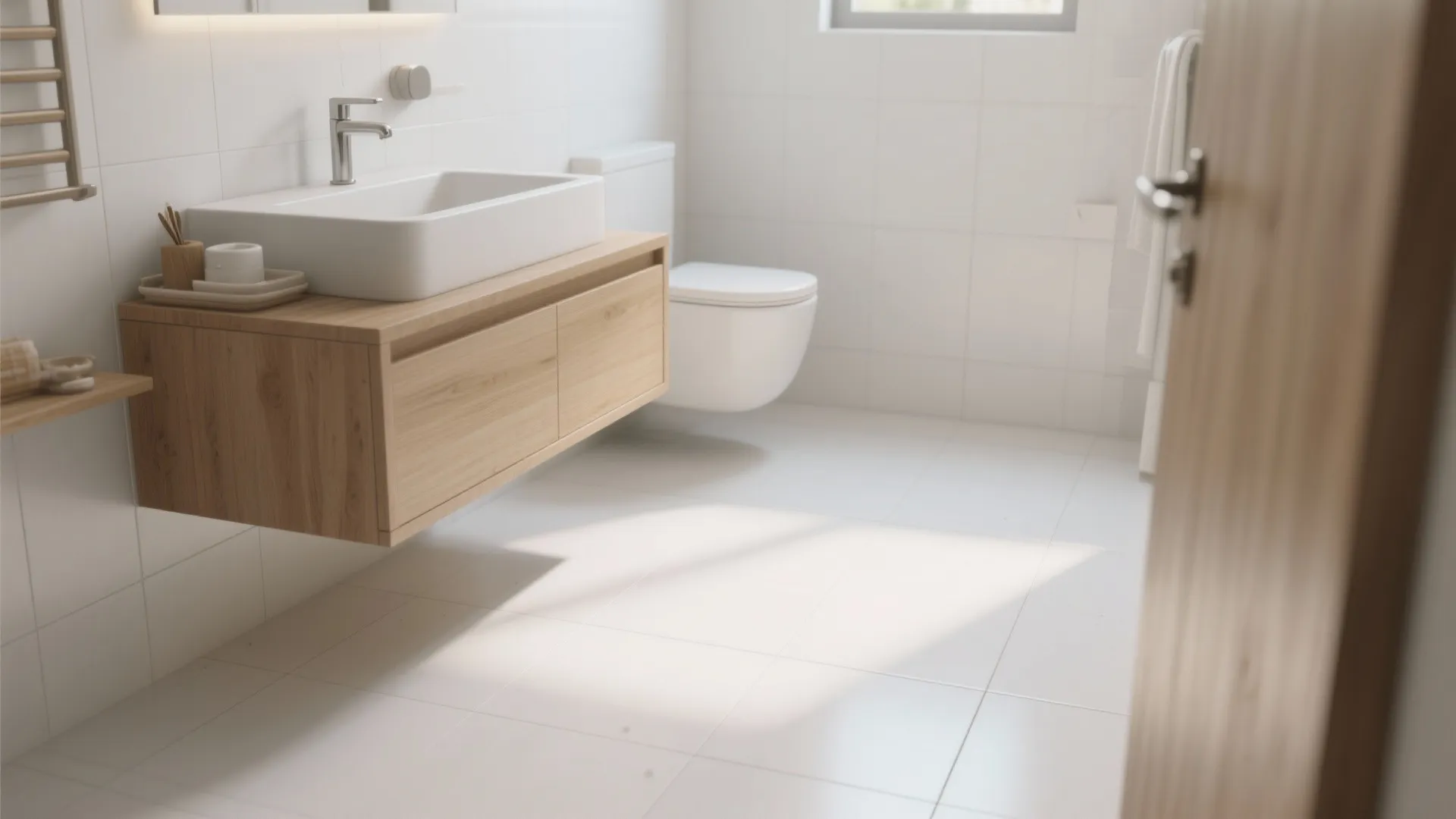 Modern bathroom with white wall tiles wooden cabinet white wash basin toilet and bright natural sunlight