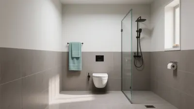 Modern Bathroom Design with Gray Tiles and Black Fixtures