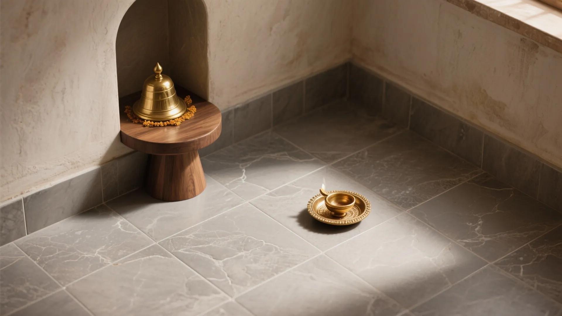 Warm gray matte porcelain floor with subtle texture anchors a compact pooja alcove in soft daylight.