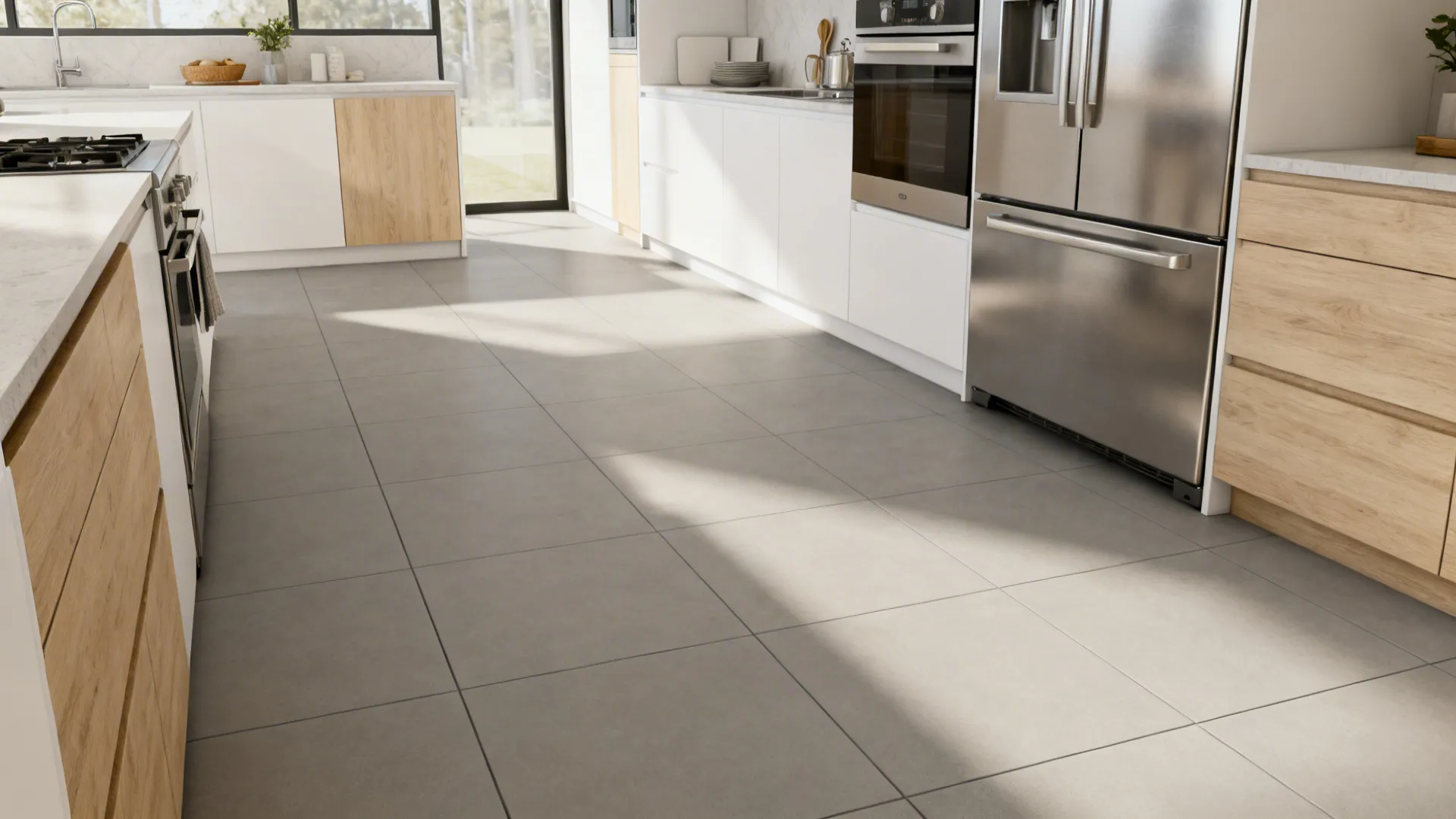 Modern kitchen with white and wood cabinets plus large grey floor tiles and steel fridge