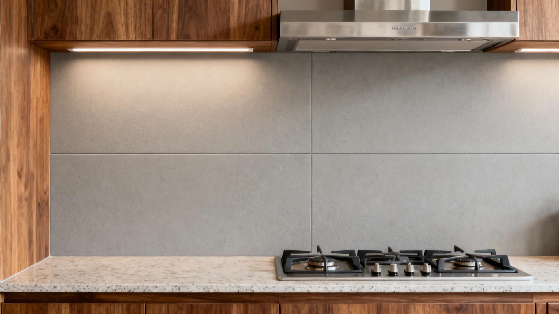 Matte porcelain 300x600 mm backsplash with warm gray epoxy grout in a Kerala kitchen.