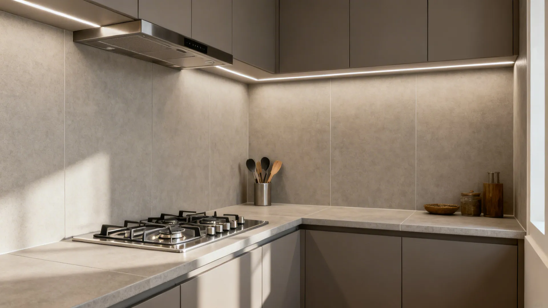 Modern kitchen featuring matte grey cabinets porcelain backsplash gas stove and warm under cabinet lights