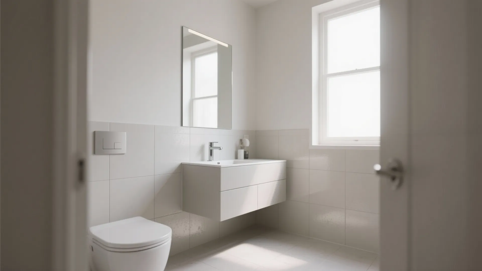 Compact bathroom with matte porcelain tiles and satin fixtures, softly lit for a no-glare look.
