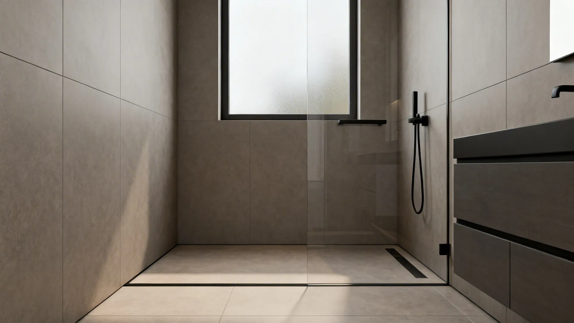 Micro-bath with large-format matte porcelain tiles unifying floor and walls in warm gray.