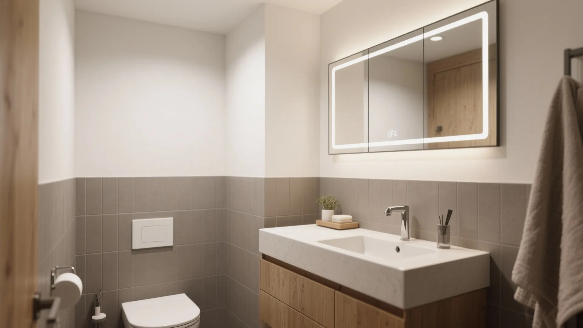 1) Minimal matte porcelain for calm, wipeable walls