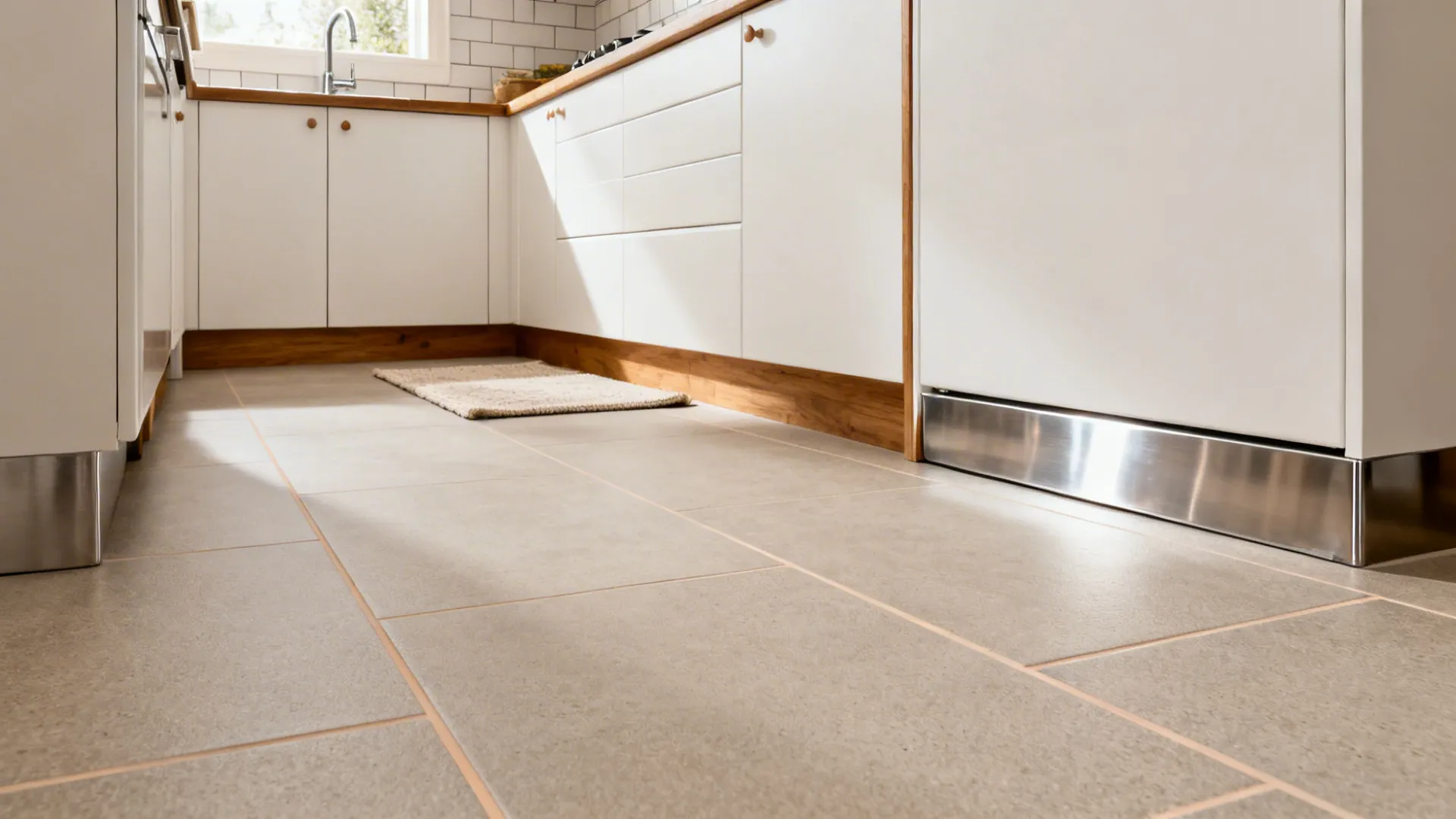 Matte greige porcelain kitchen floor with light grout in a compact Indian galley kitchen.