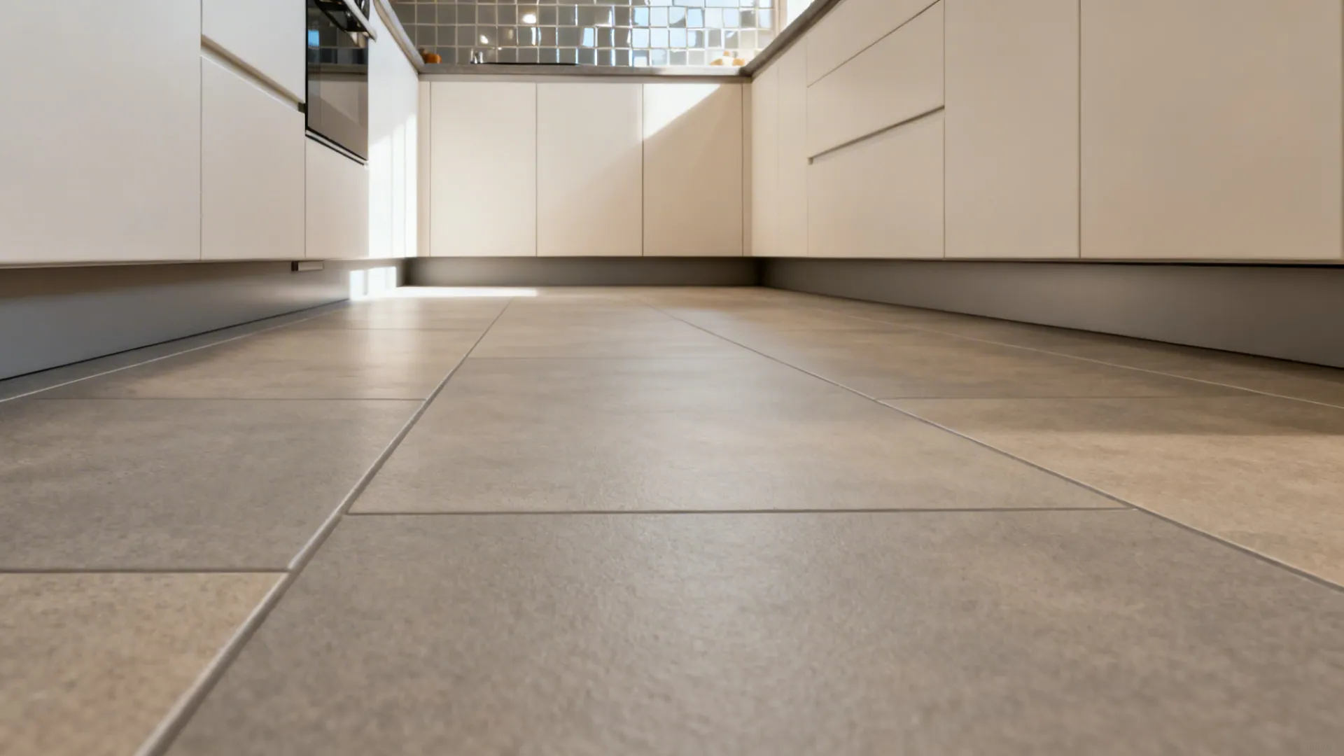 Matte warm-grey porcelain floor tiles in 300x600 mm with 1/3 offset layout.